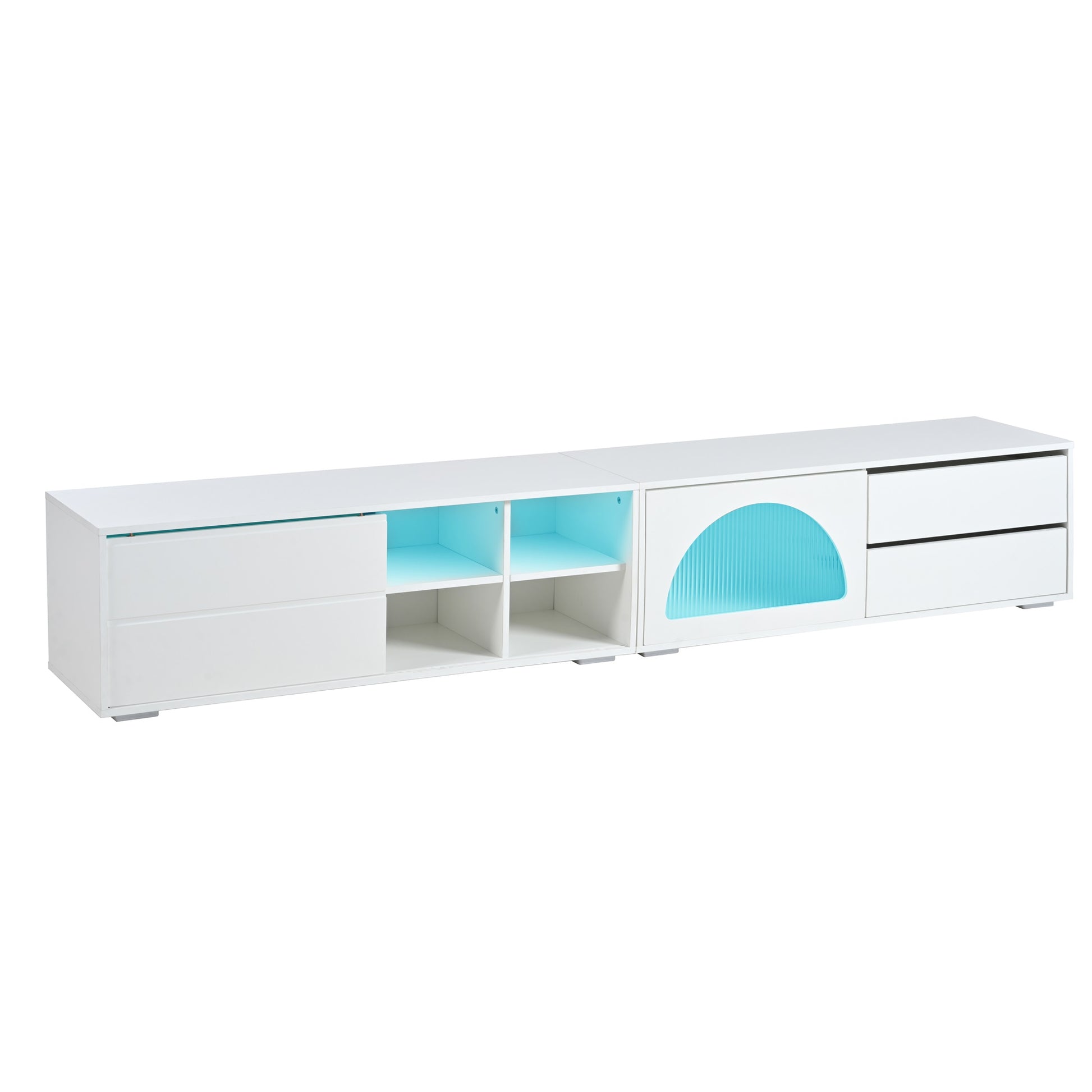 Sleek white media console with blue LED lighting and two drawers