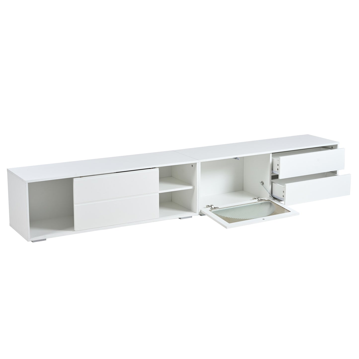 Modern white TV stand with sliding doors and open shelving for entertainment systems