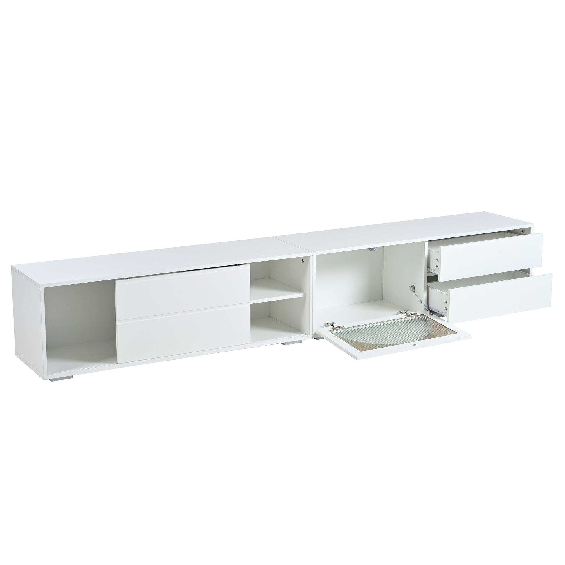 Modern white TV stand with sliding doors and open shelving for entertainment systems