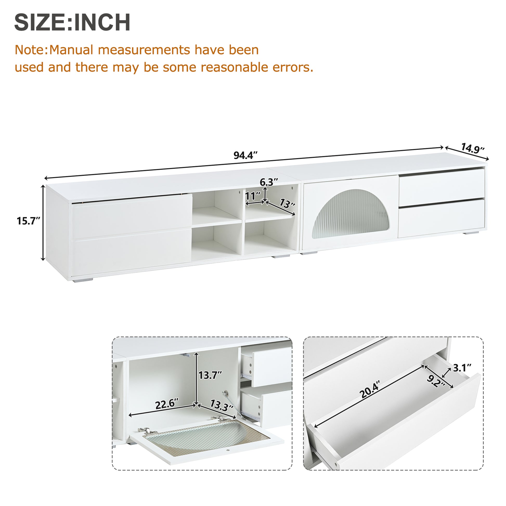White media console with dual drawers and open shelving featuring a fluted glass door