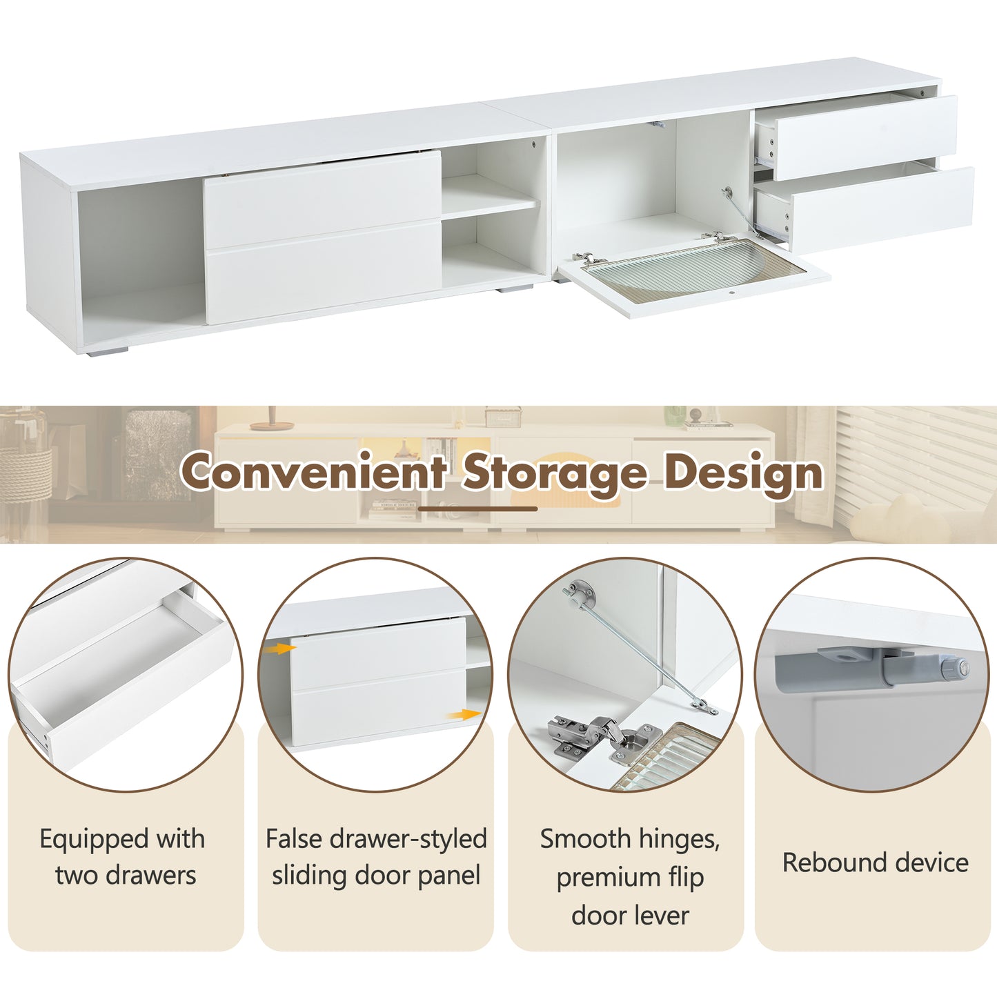 White modern TV stand with two drawers and open shelving