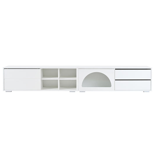 White modern media console with two drawers and open shelving