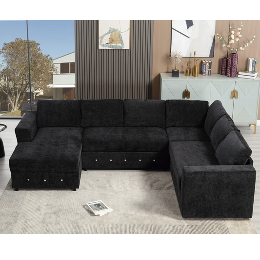 Spacious black fabric sectional sofa with chaise and hidden storage perfect for large living rooms