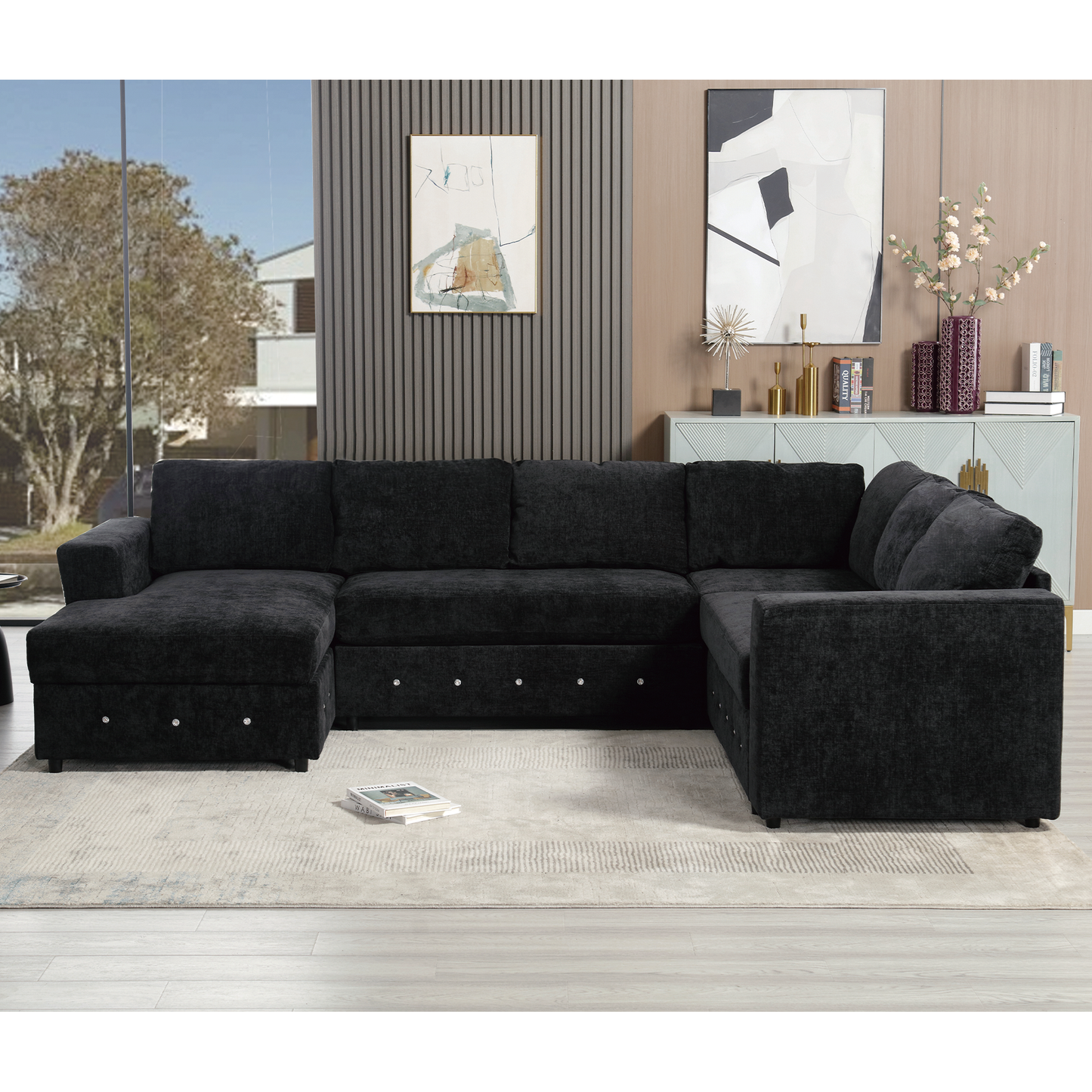 Black sectional sofa with chaise and storage plush fabric upholstery for living room comfort