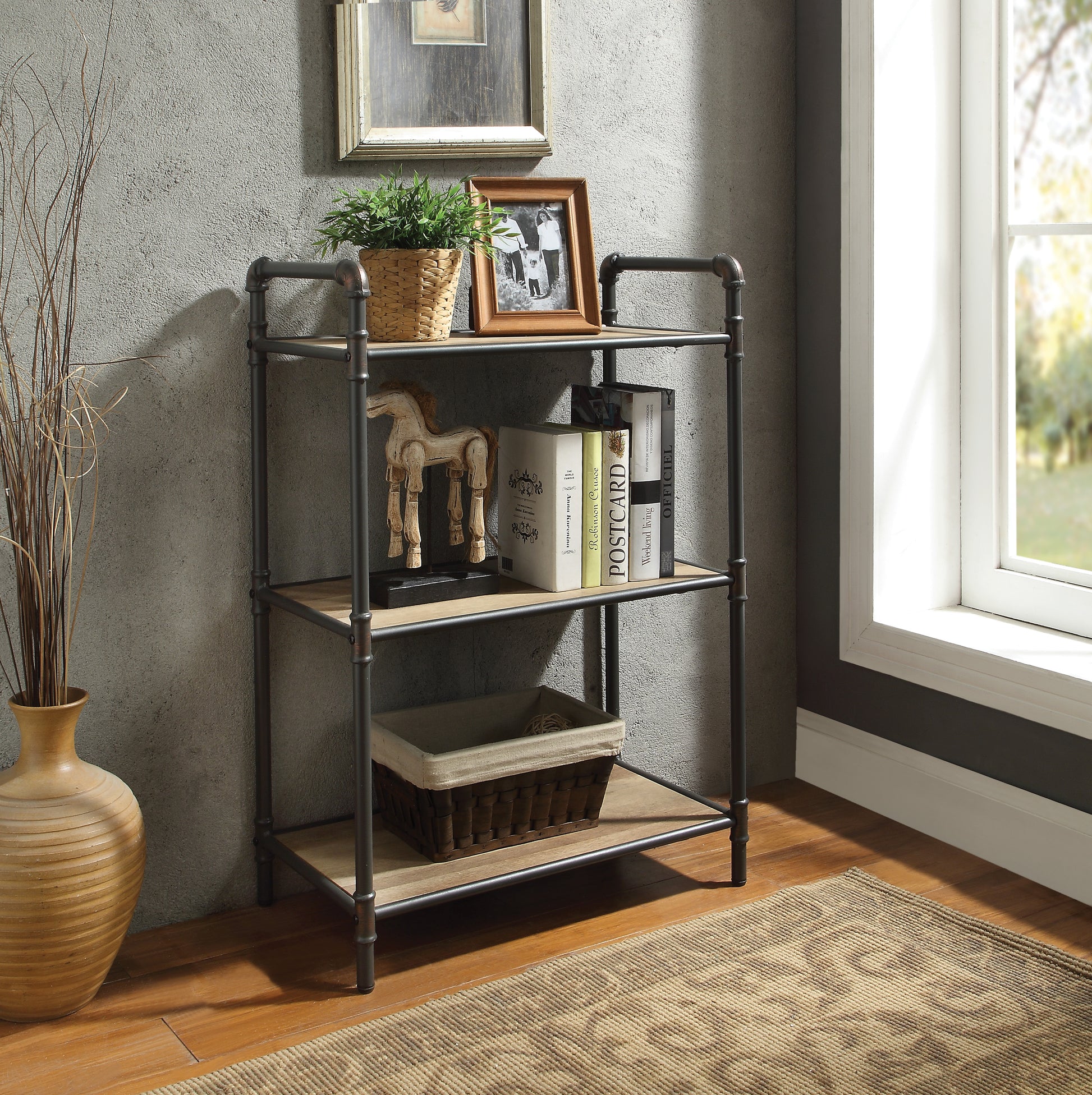 Industrial pipe bookshelf with natural wood shelves