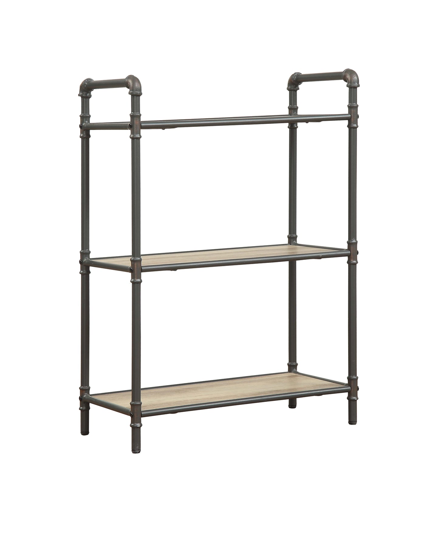 Industrial pipe shelf with three light wood shelves