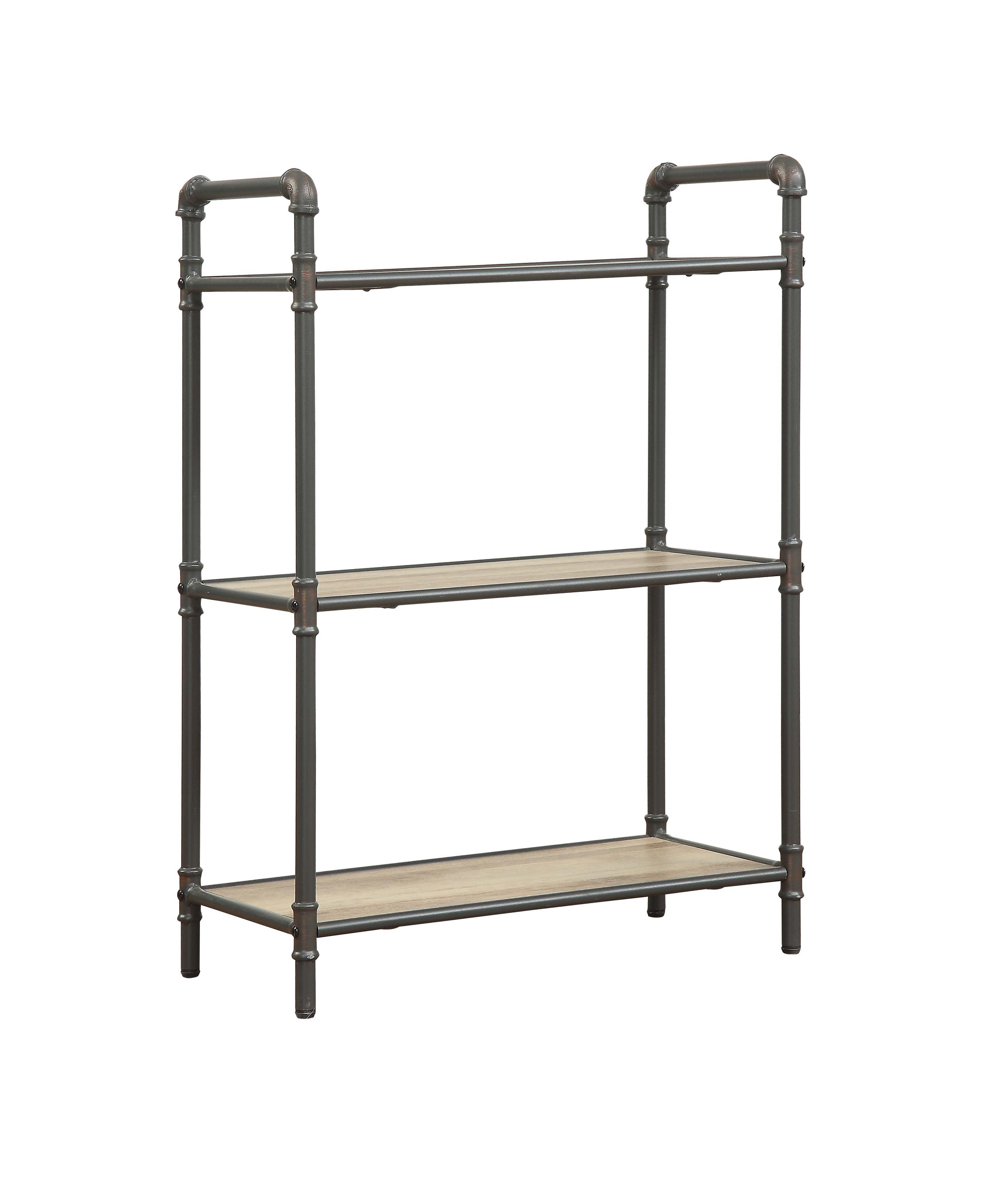 Industrial pipe shelf with three light wood shelves
