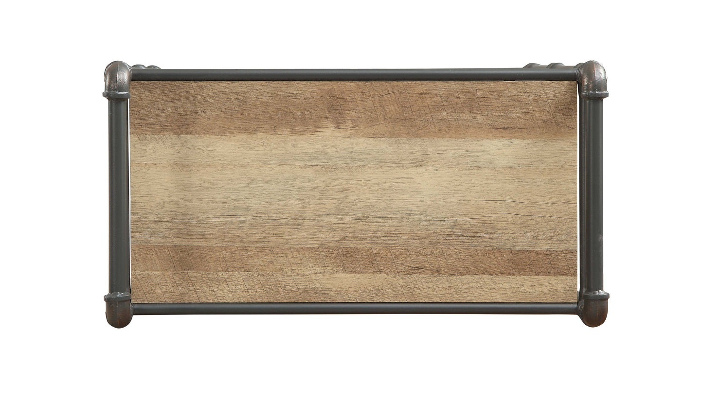 Rustic wood plank shelf with industrial pipe framing