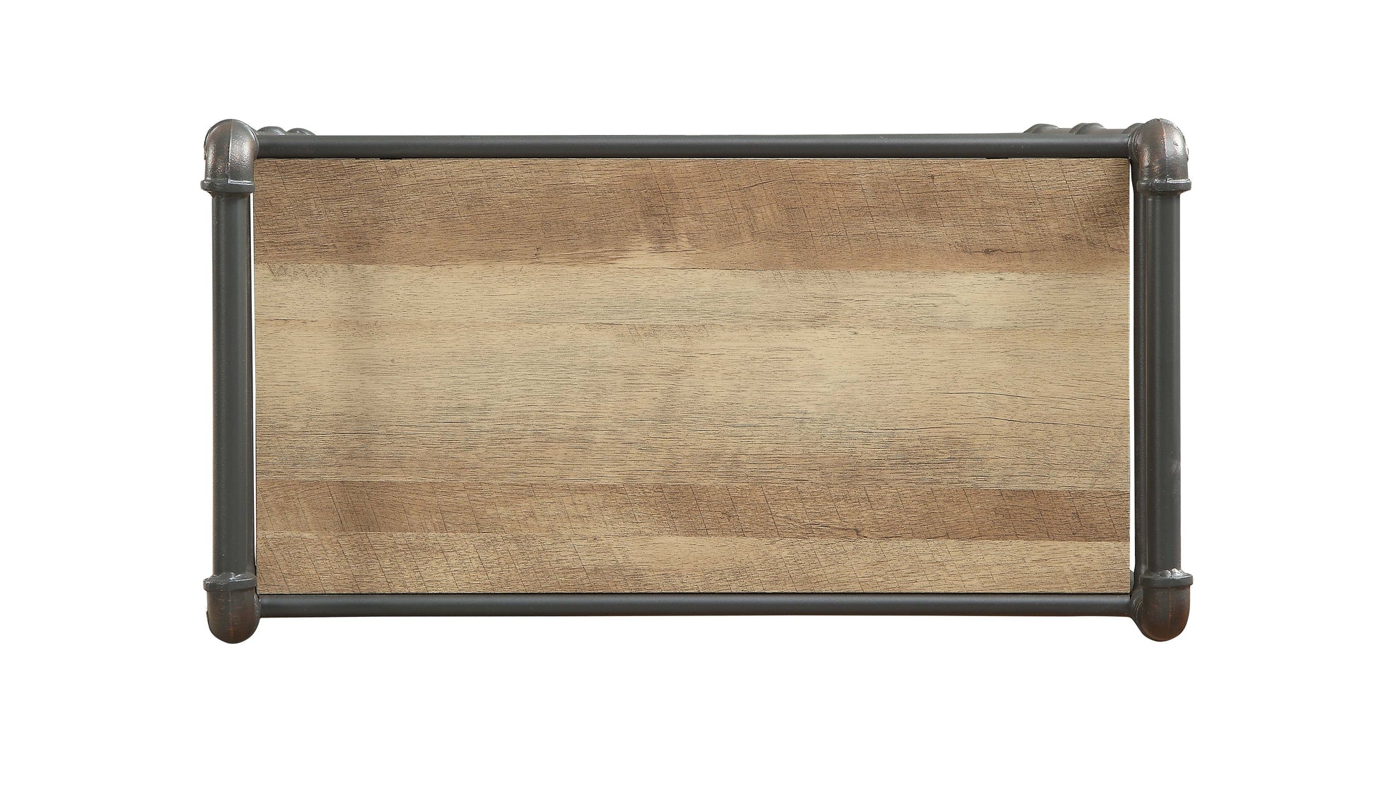 Rustic wood plank shelf with industrial pipe framing