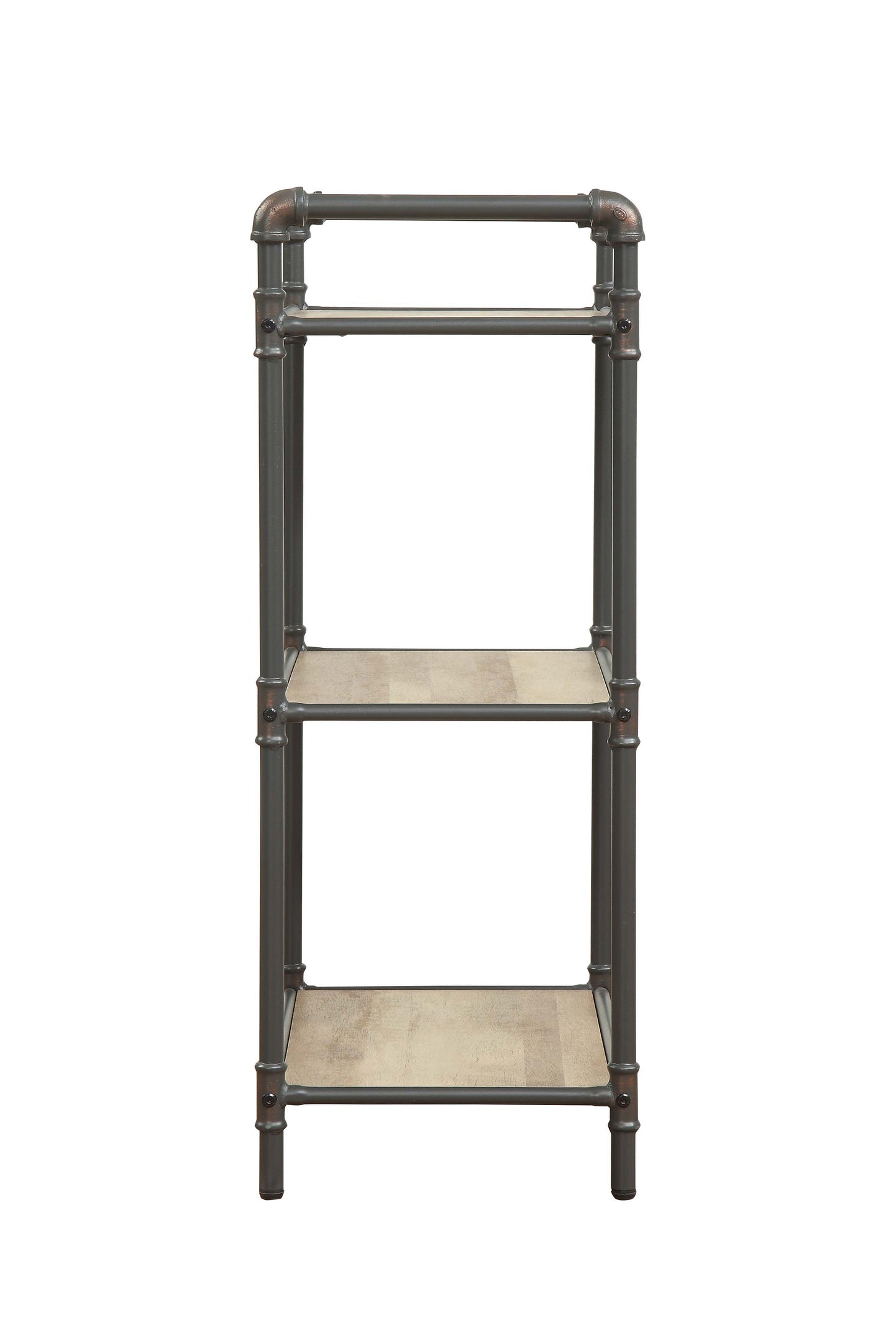 Threetier industrial pipe shelf in charcoal gray and faux wood