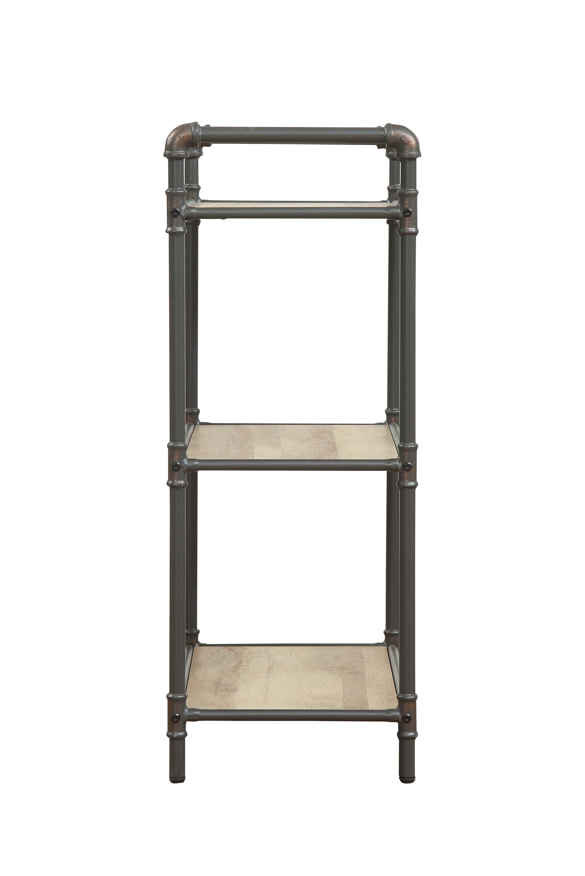 Threetier industrial pipe shelf in charcoal gray and faux wood