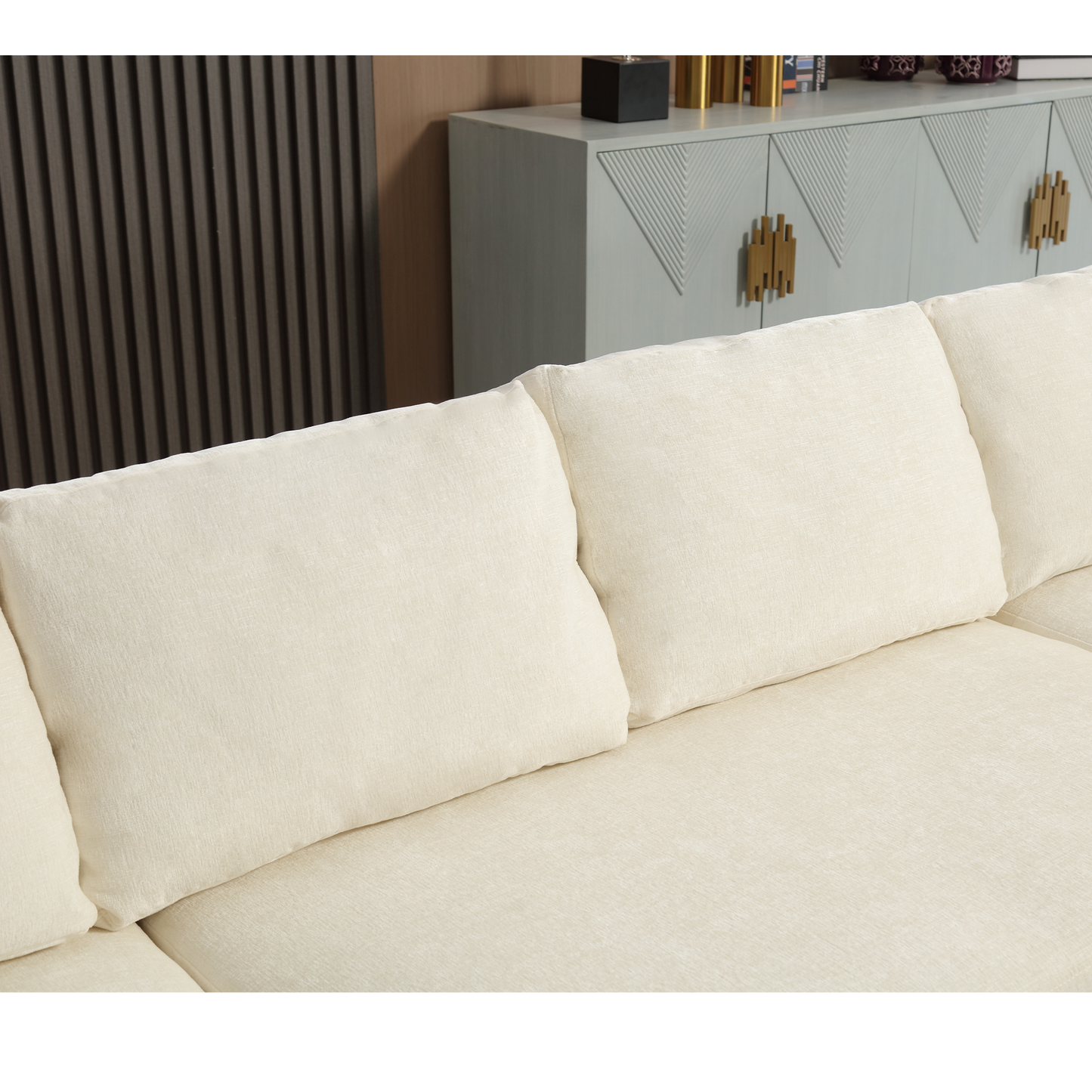 Cream linen upholstered sofa with deep comfortable cushions for modern living rooms