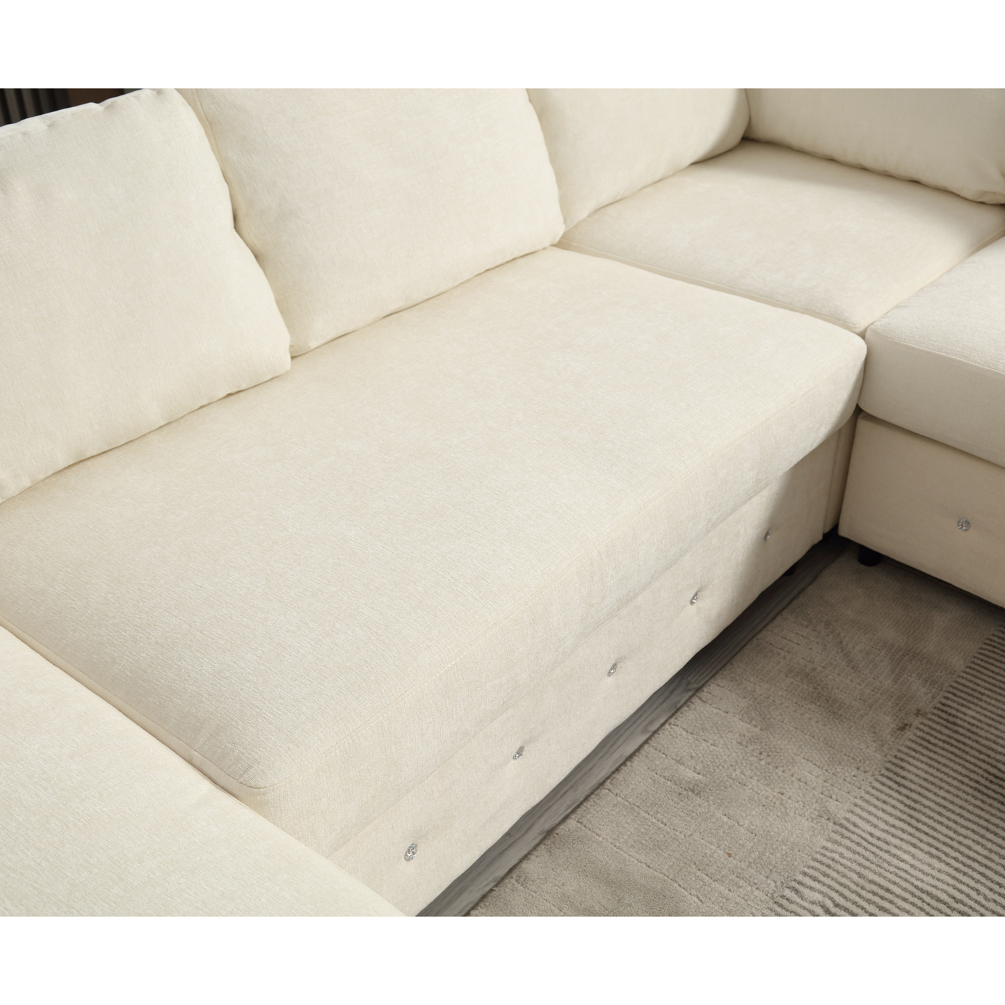Cream linen sectional sofa with tufted ottoman storage modern living room furniture