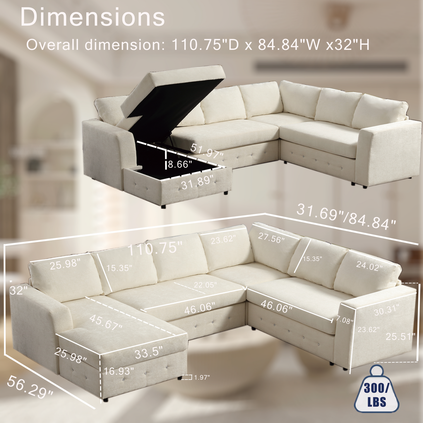 Cream upholstered sectional sofa with storage chaise and detailed dimensions