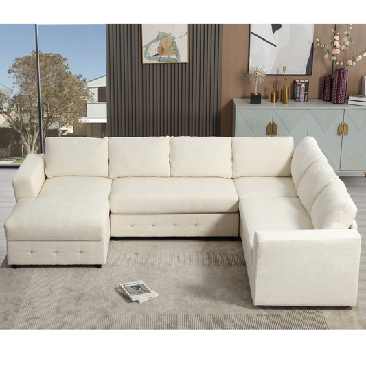 Cream Ushaped sectional sofa with plush cushions perfect for family living rooms