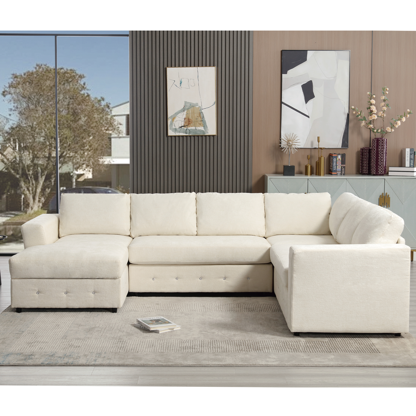 Cream upholstered Ushaped sectional sofa with plush cushions and button tufting perfect for living rooms