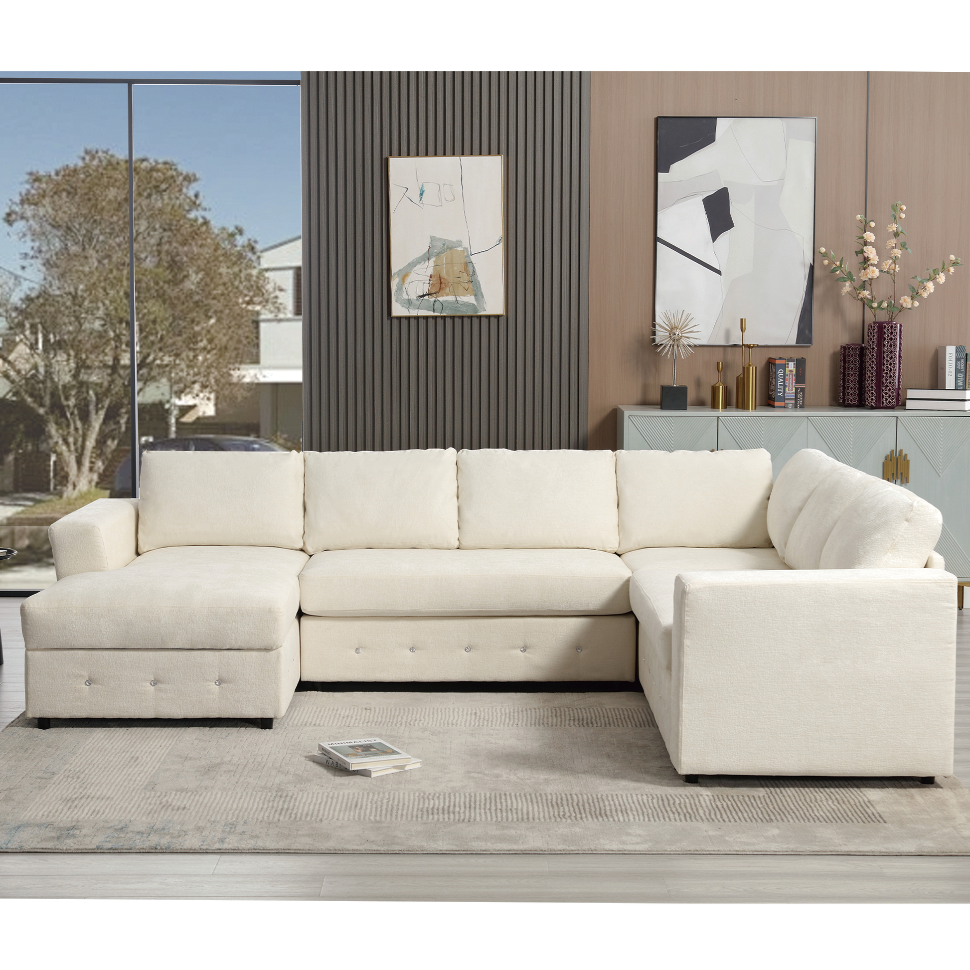 Cream upholstered Ushaped sectional sofa with plush cushions and button tufting perfect for living rooms
