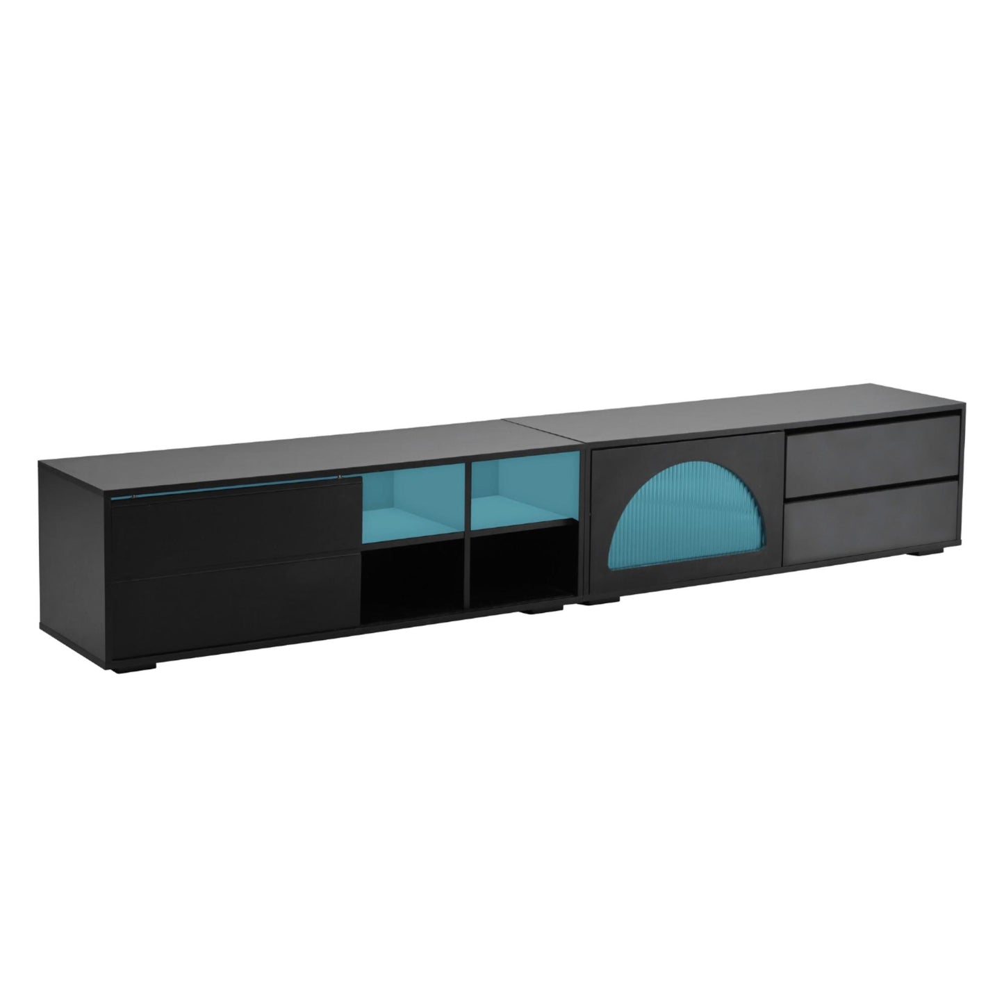 Modern black media console with blue glass accents and two drawers perfect for living rooms