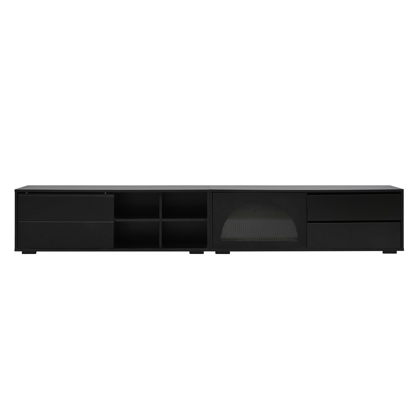 Sleek black media console with drawers and open shelving perfect for living room entertainment