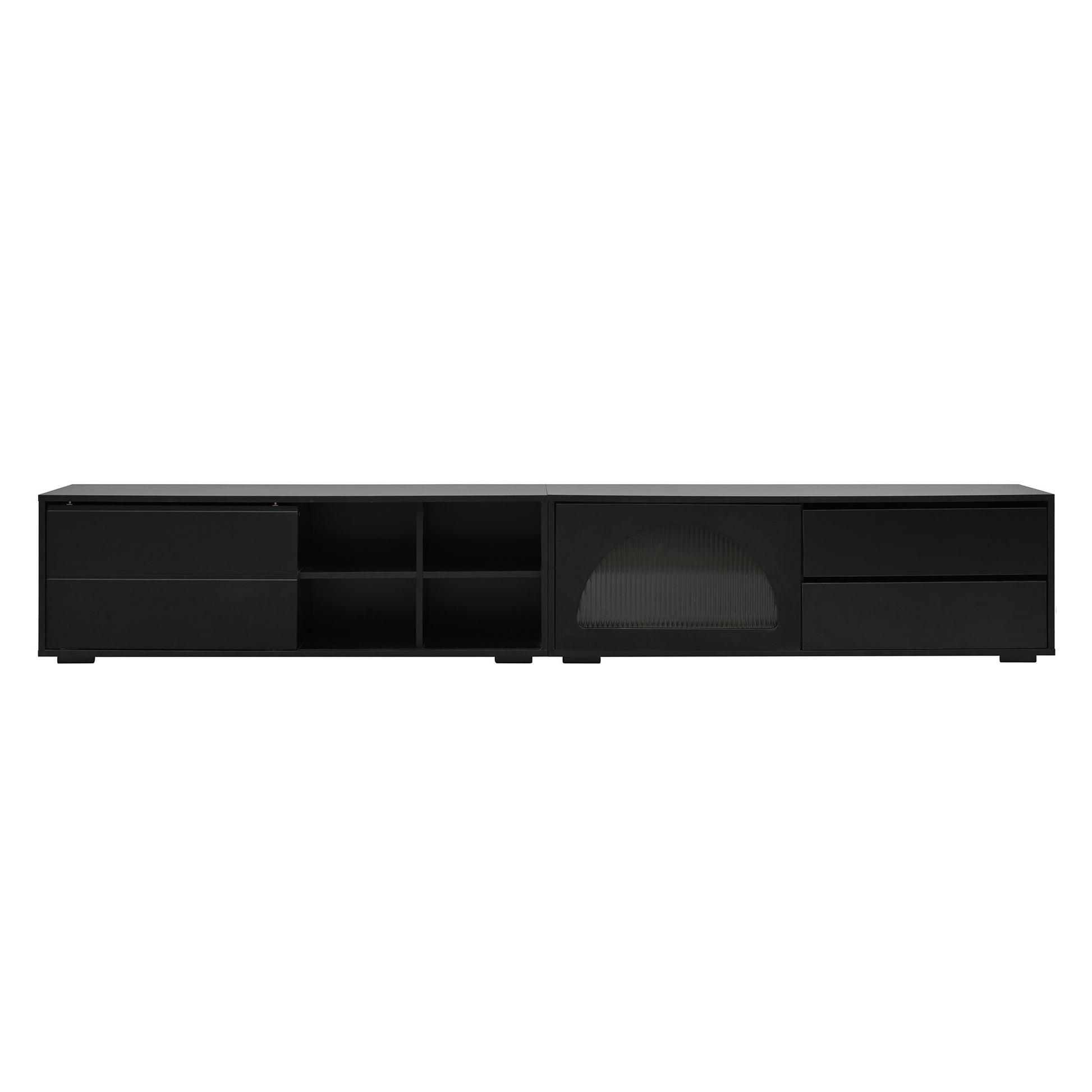 Sleek black media console with drawers and open shelving perfect for living room entertainment