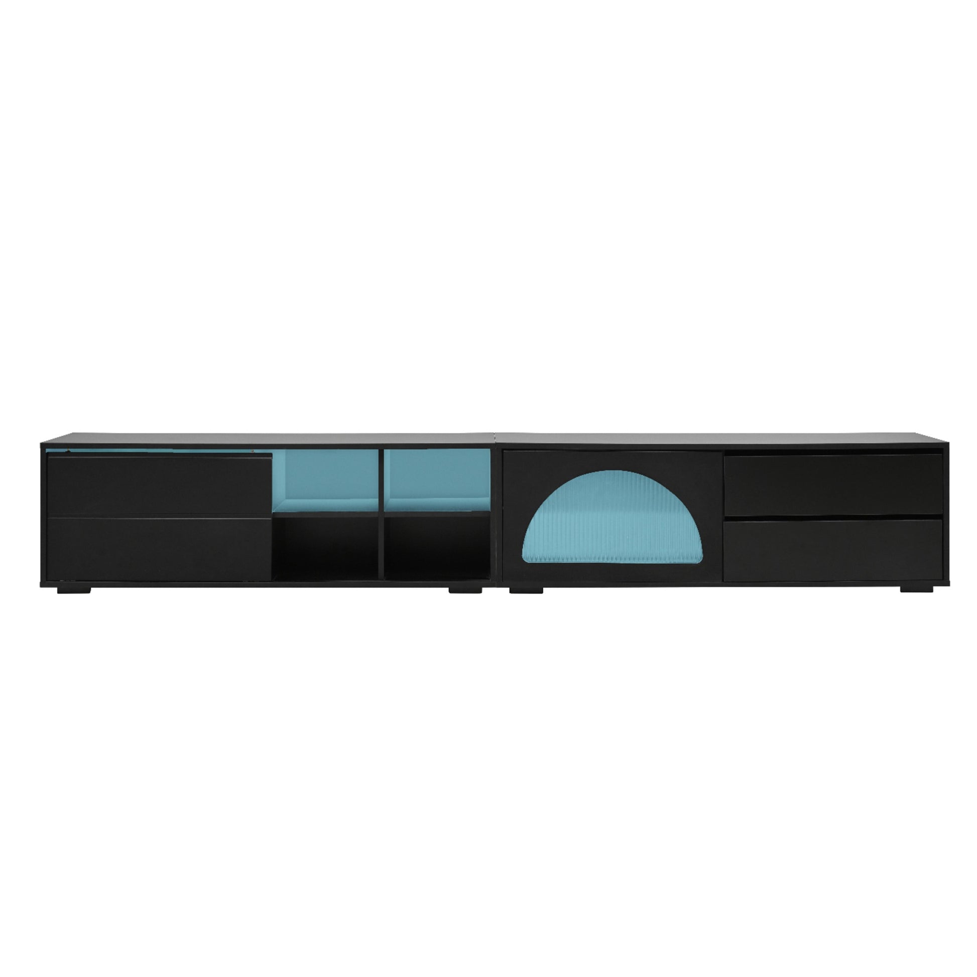 Black modern TV stand with blue glass accents and storage drawers