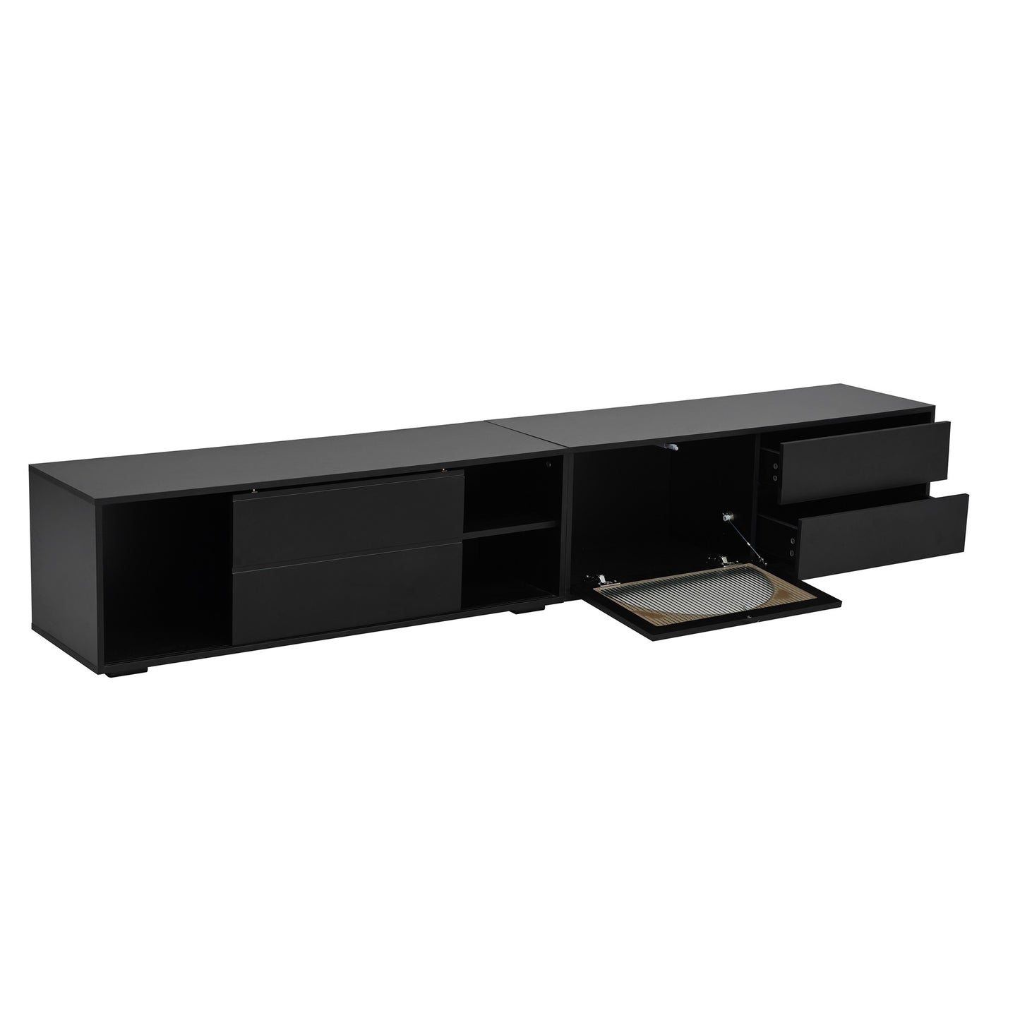 Sleek black modern TV stand with two drawers and open compartments ideal for media consoles