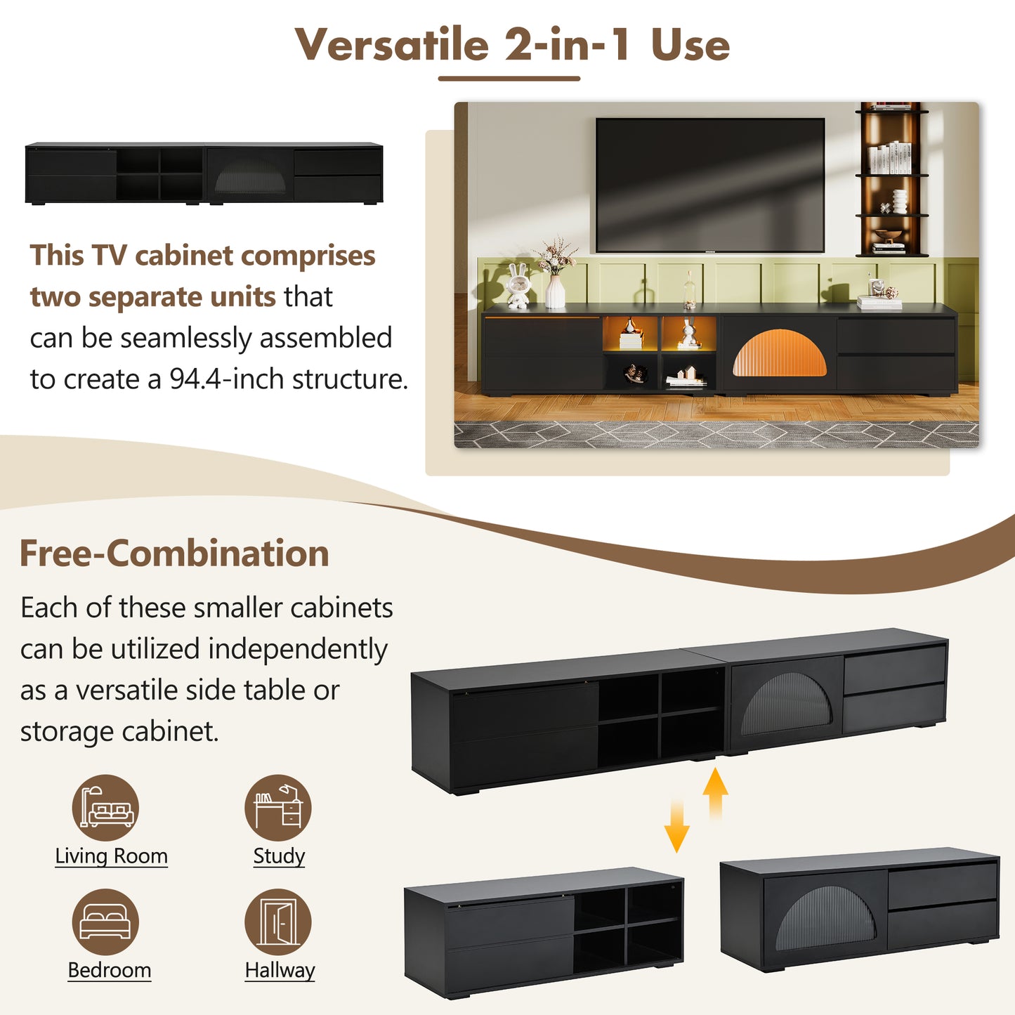 Black TV cabinet with two drawers and open shelving units