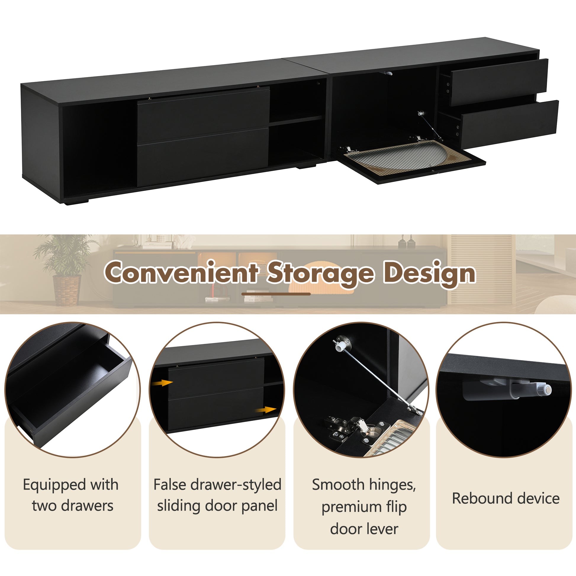 Modern black media console with two drawers and a sliding door panel