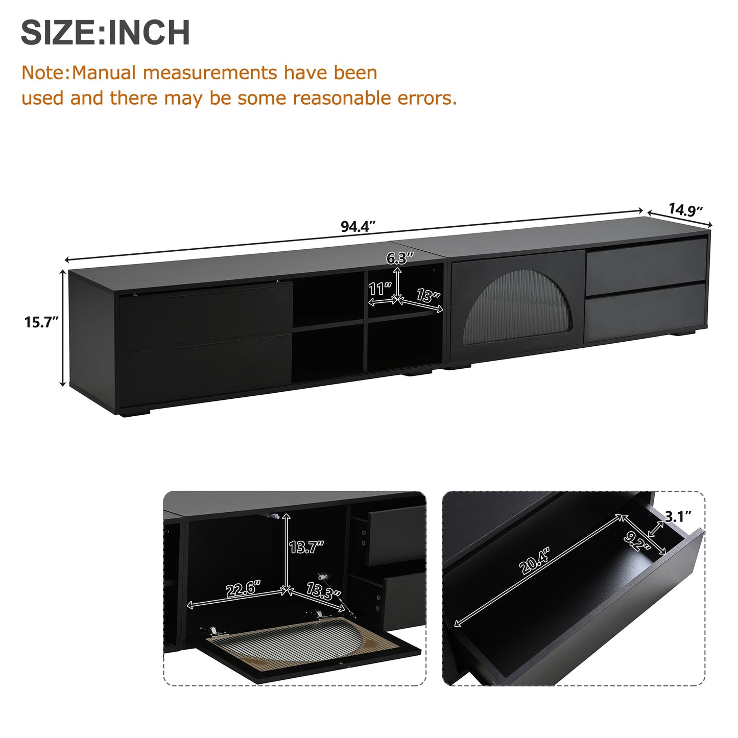 Black modern media console with storage drawers and shelving  long