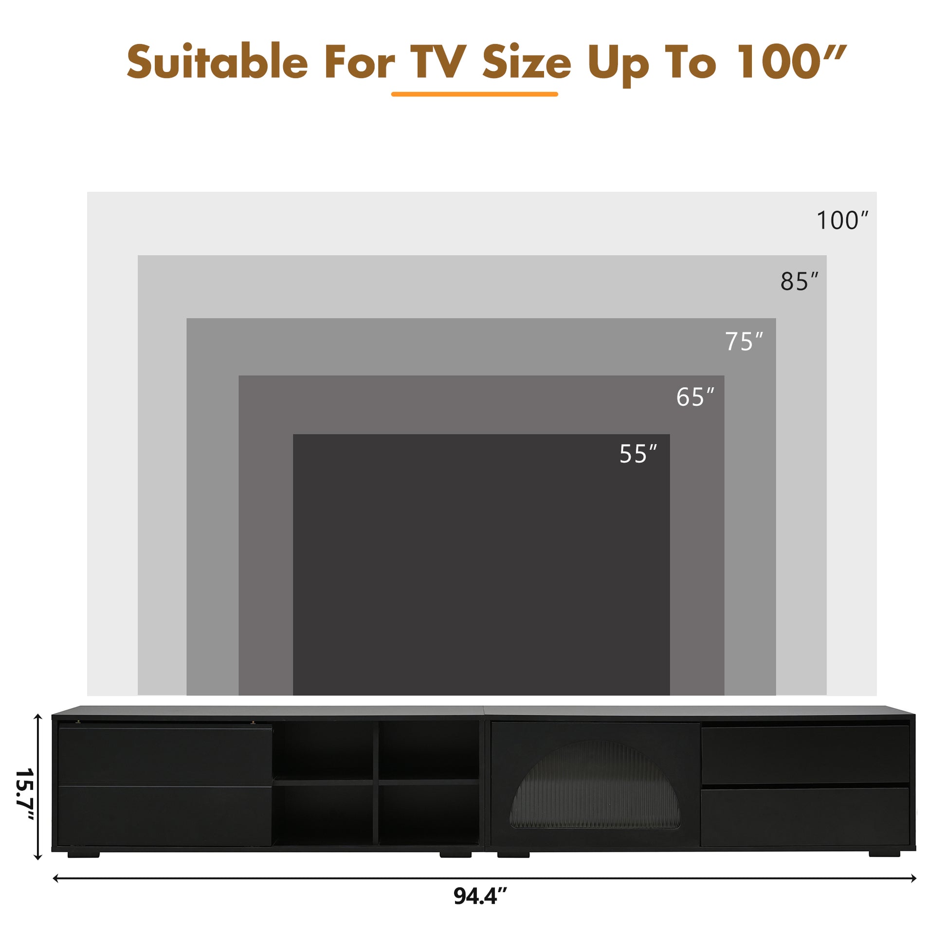 Black modern media console for TVs up to  inches wide