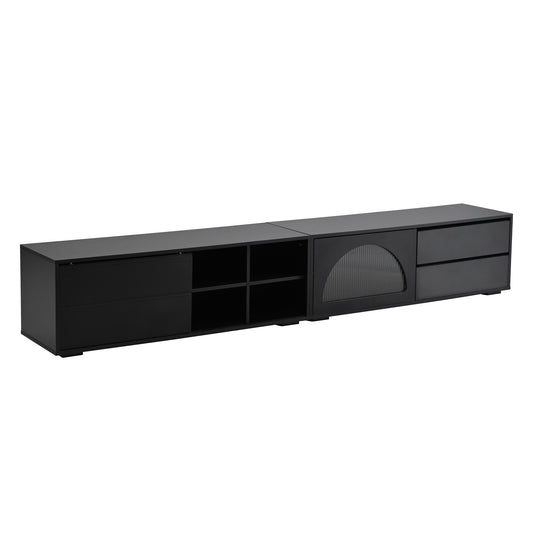 Black modern media console with dual drawers and open shelving