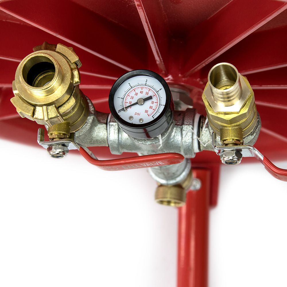 Red air compressor gauge with brass fittings and ball valve