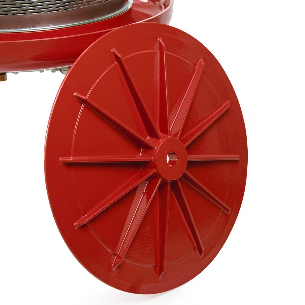 Red metal wheel with  spokes for a vintage cart