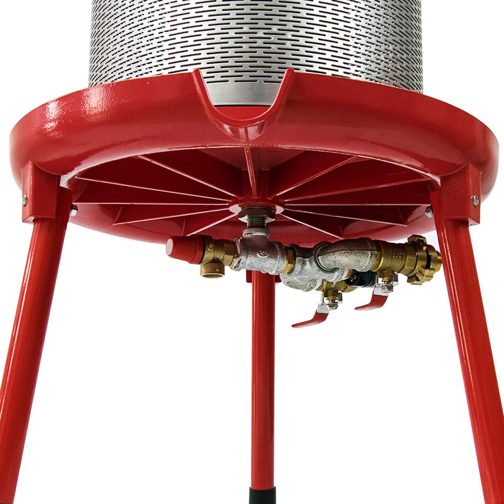 Red fruit press base with stainless steel basket and brass fittings