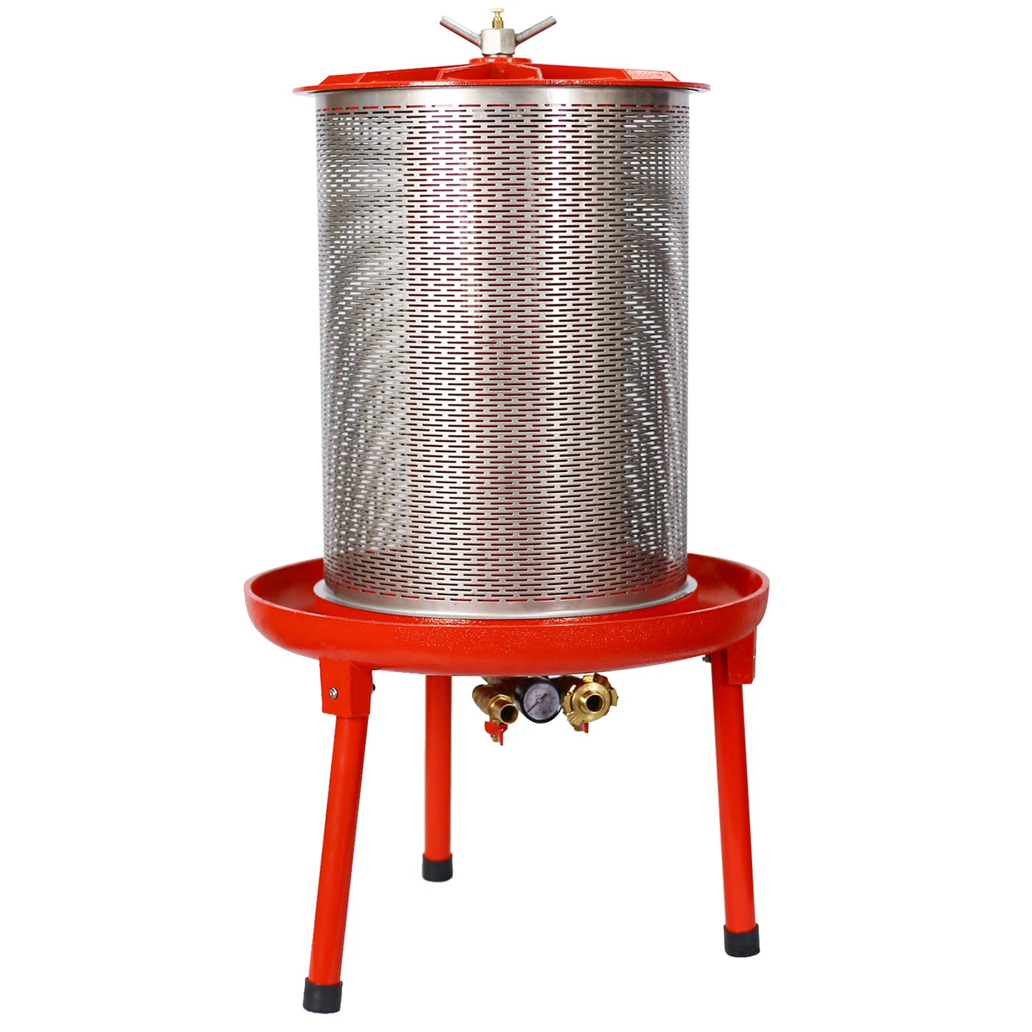 Red steel fruit press with stainless steel mesh basket and pressure gauge