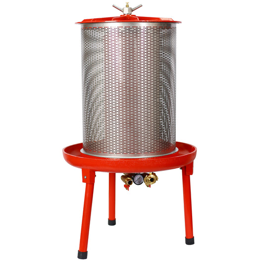 Red steel fruit press with stainless steel mesh basket and pressure gauge