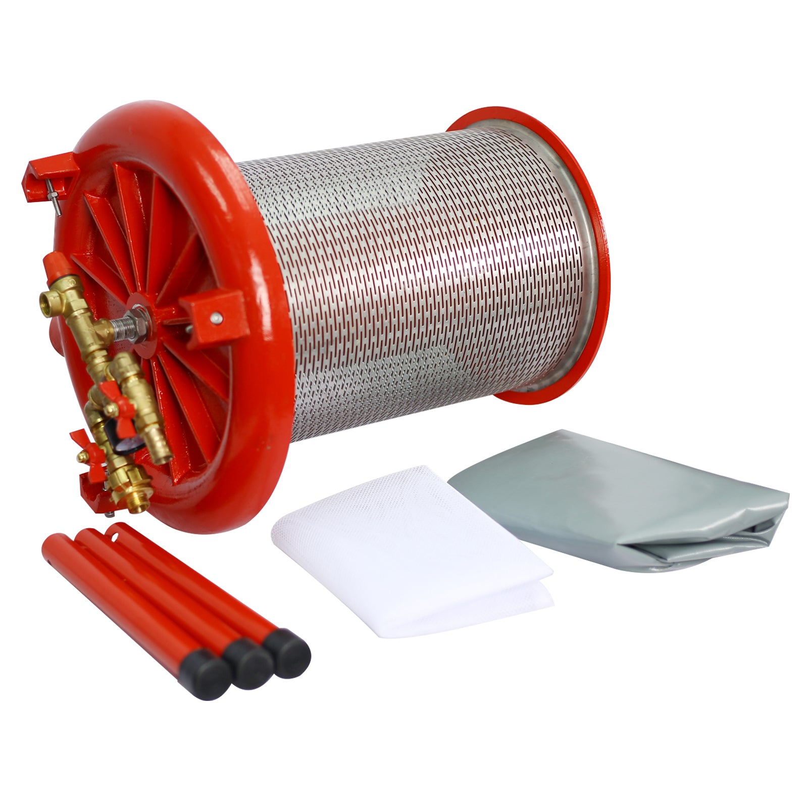 Red fire hose reel with brass fittings mesh drum and included accessories for professional use