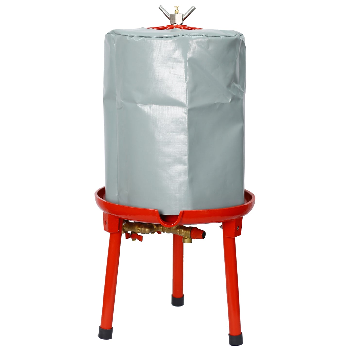 Gray canvas propane tank cover on red metal stand with valve