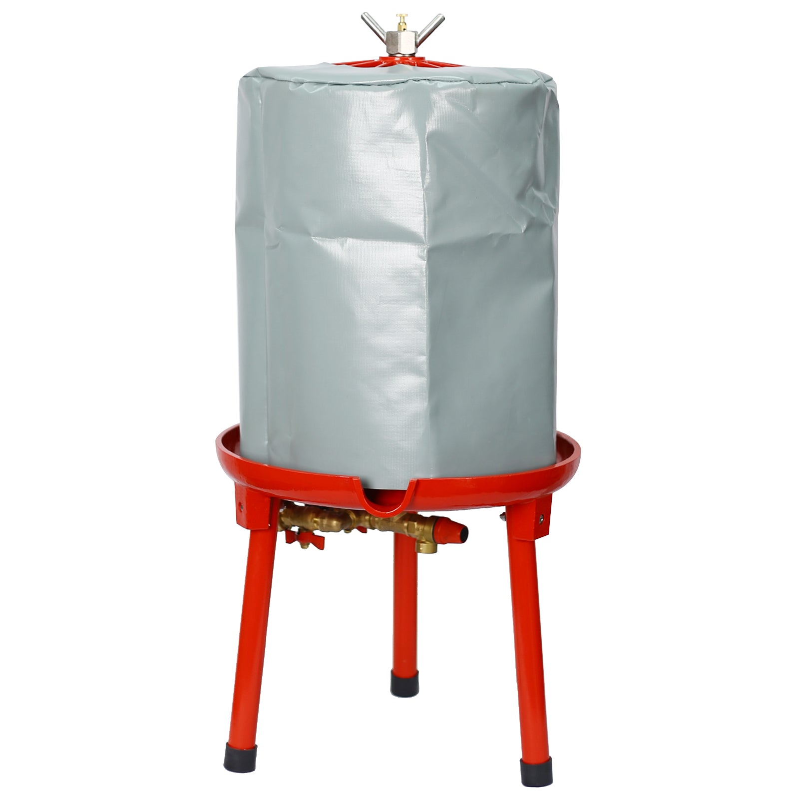 Gray canvas propane tank cover on red metal stand with valve