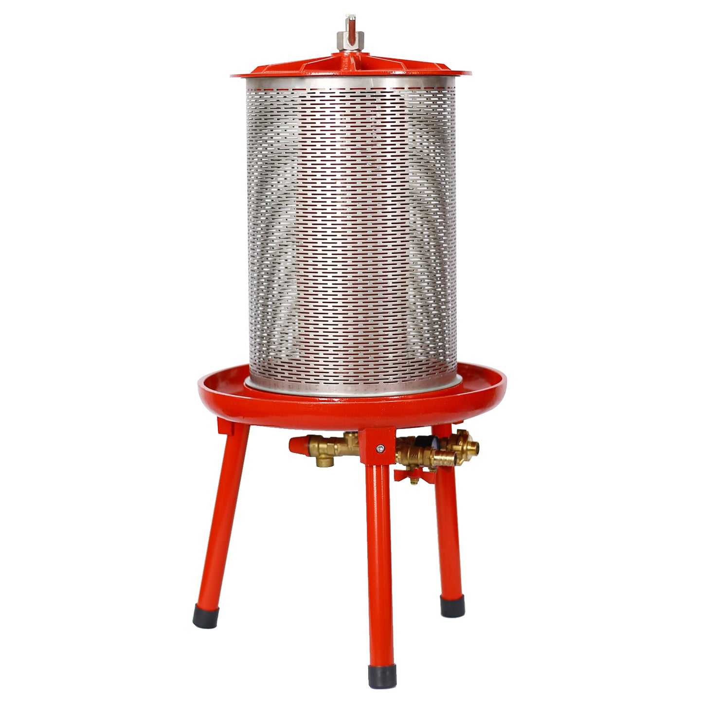 Red stainless steel fruit press with perforated cylinder and sturdy legs