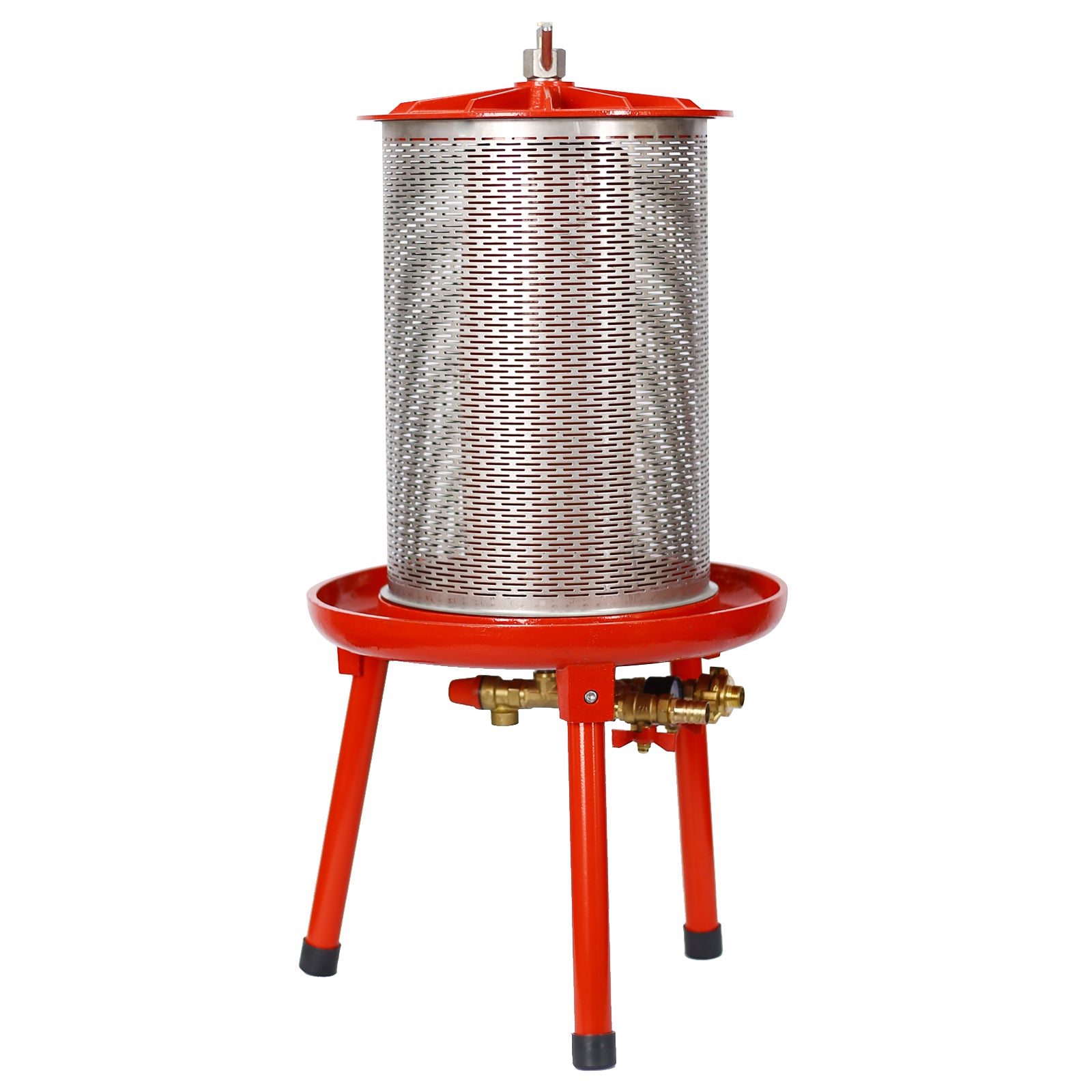Red stainless steel fruit press with perforated cylinder and sturdy legs