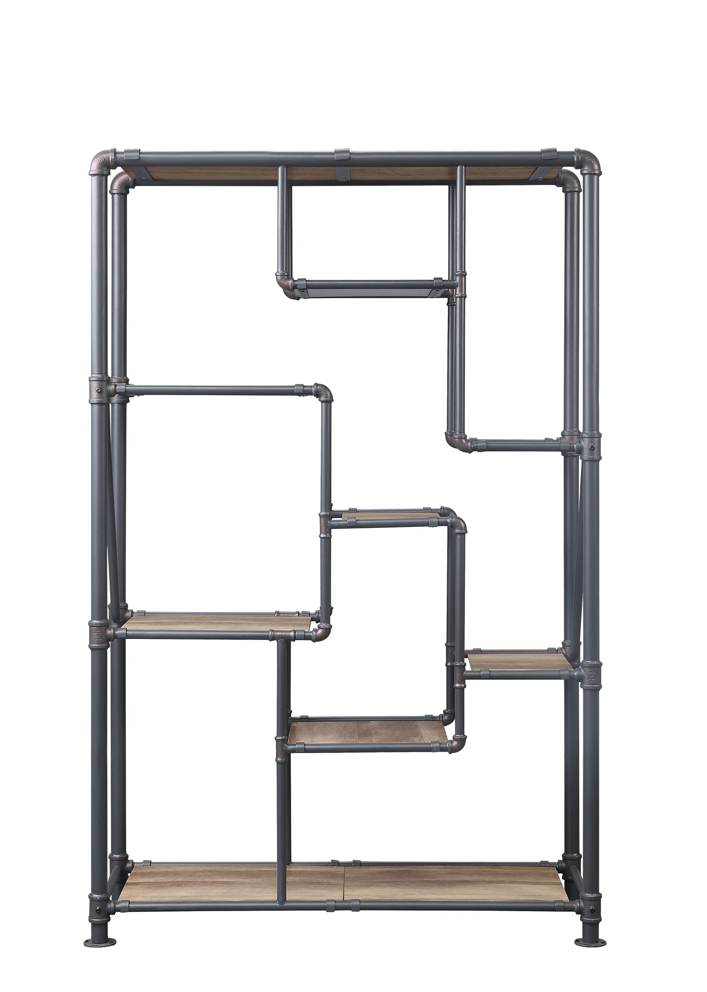 Industrial pipe bookshelf with rustic wood shelves
