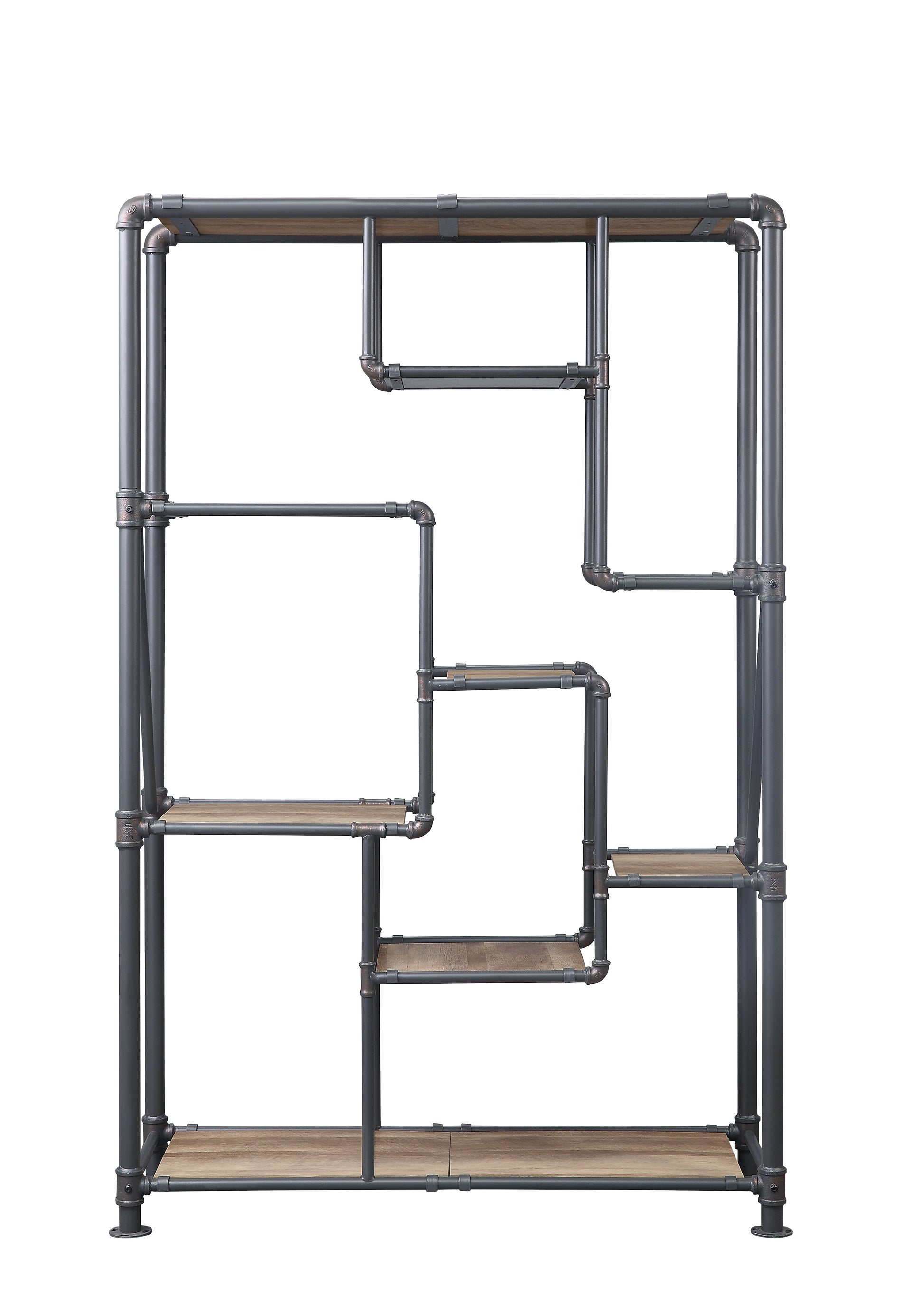 Industrial pipe bookshelf with rustic wood shelves