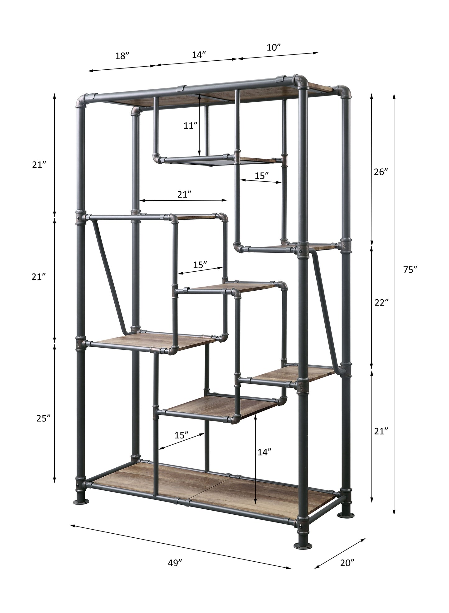 Industrial pipe bookshelf with staggered wood shelves