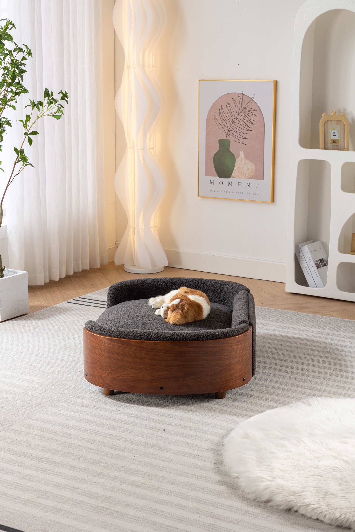 Grey plush pet bed with wooden base perfect for small dogs and cats