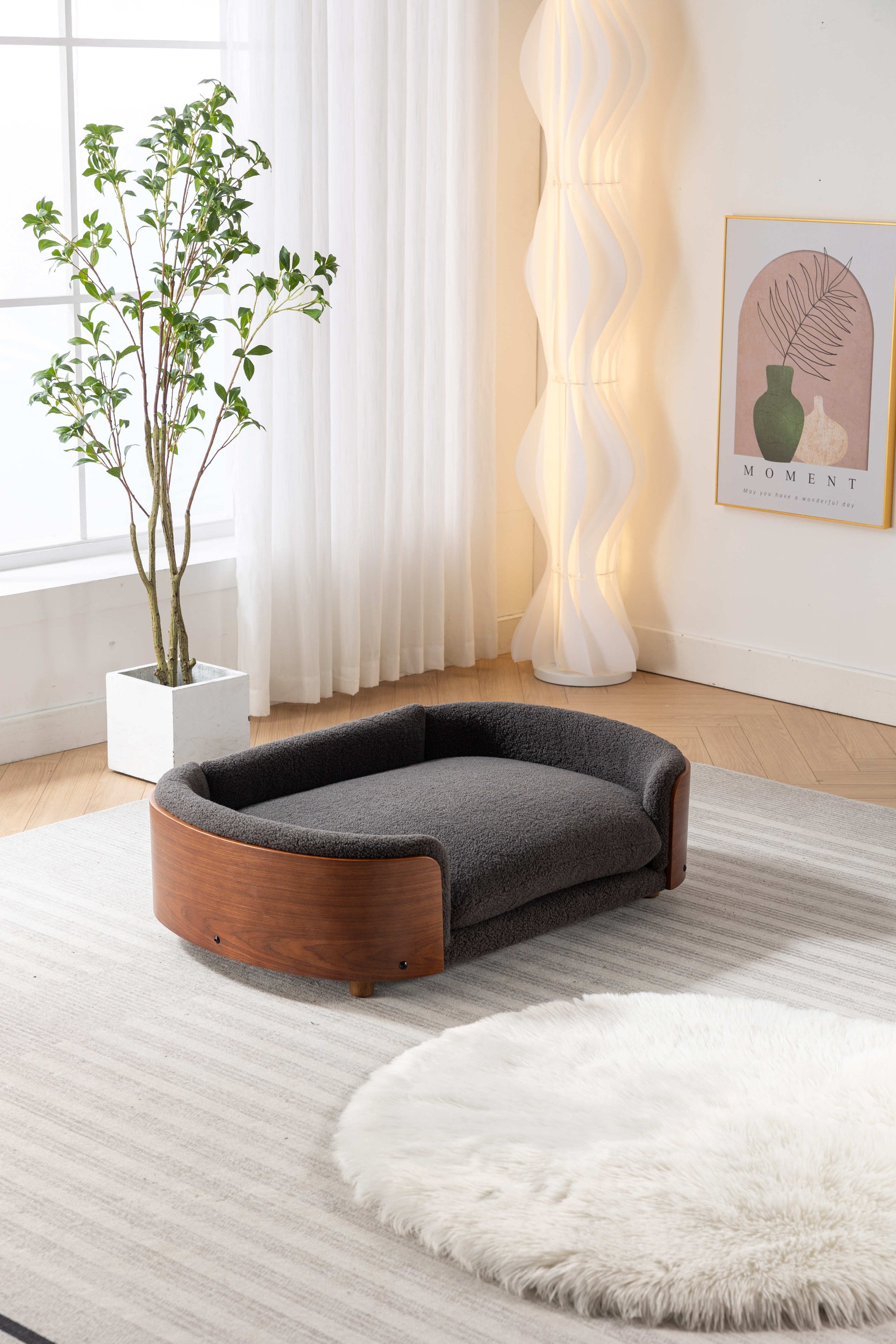 Dark grey plush dog bed with curved walnut wood accents comfortable and stylish for pets