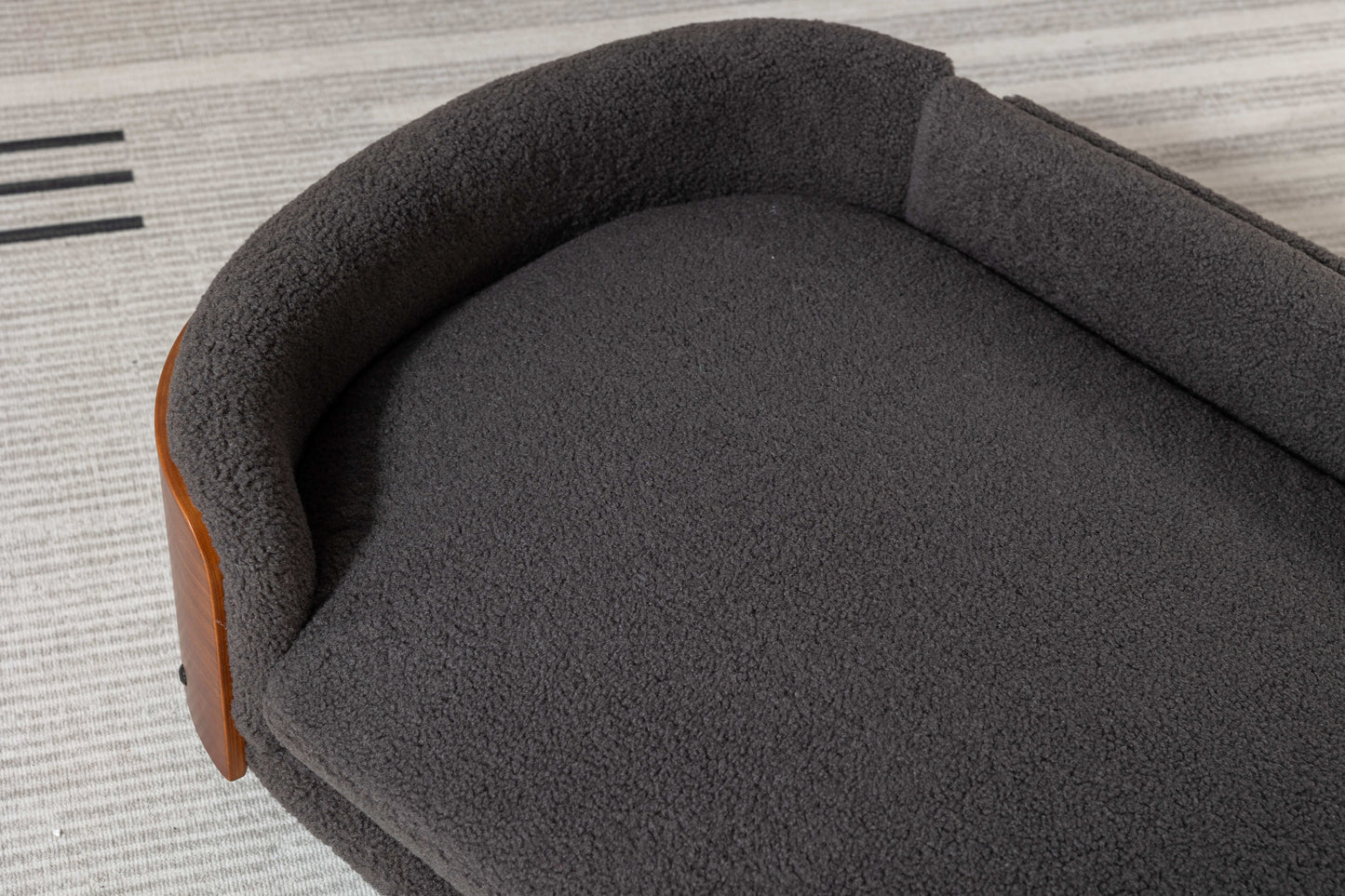Charcoal grey sherpa dog bed with curved wooden trim comfortable pet furniture