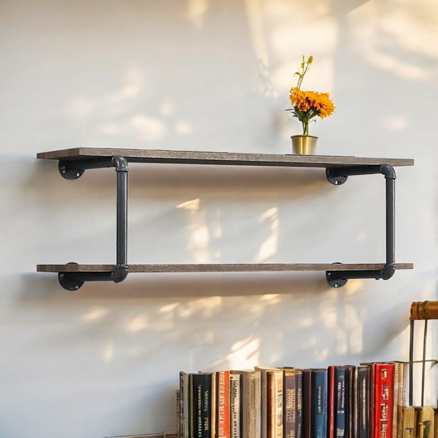 Rustic industrial pipe shelf with reclaimed wood