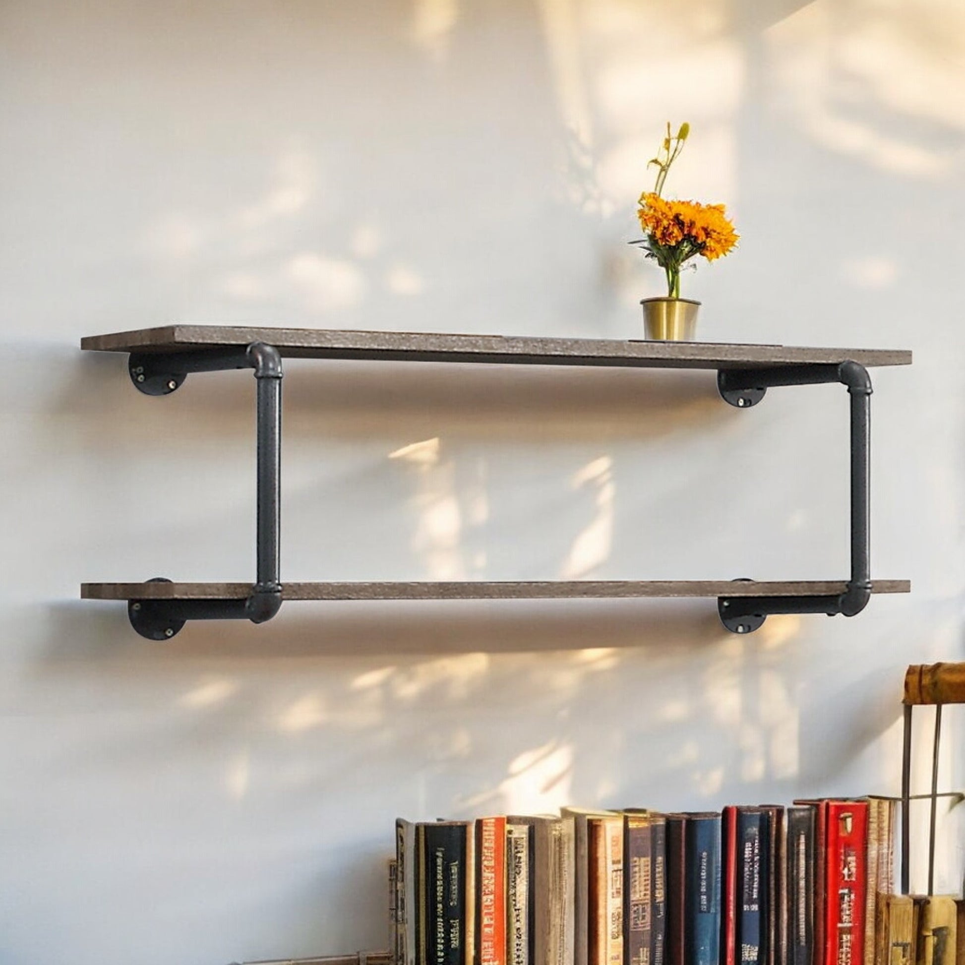 Rustic industrial pipe shelf with reclaimed wood