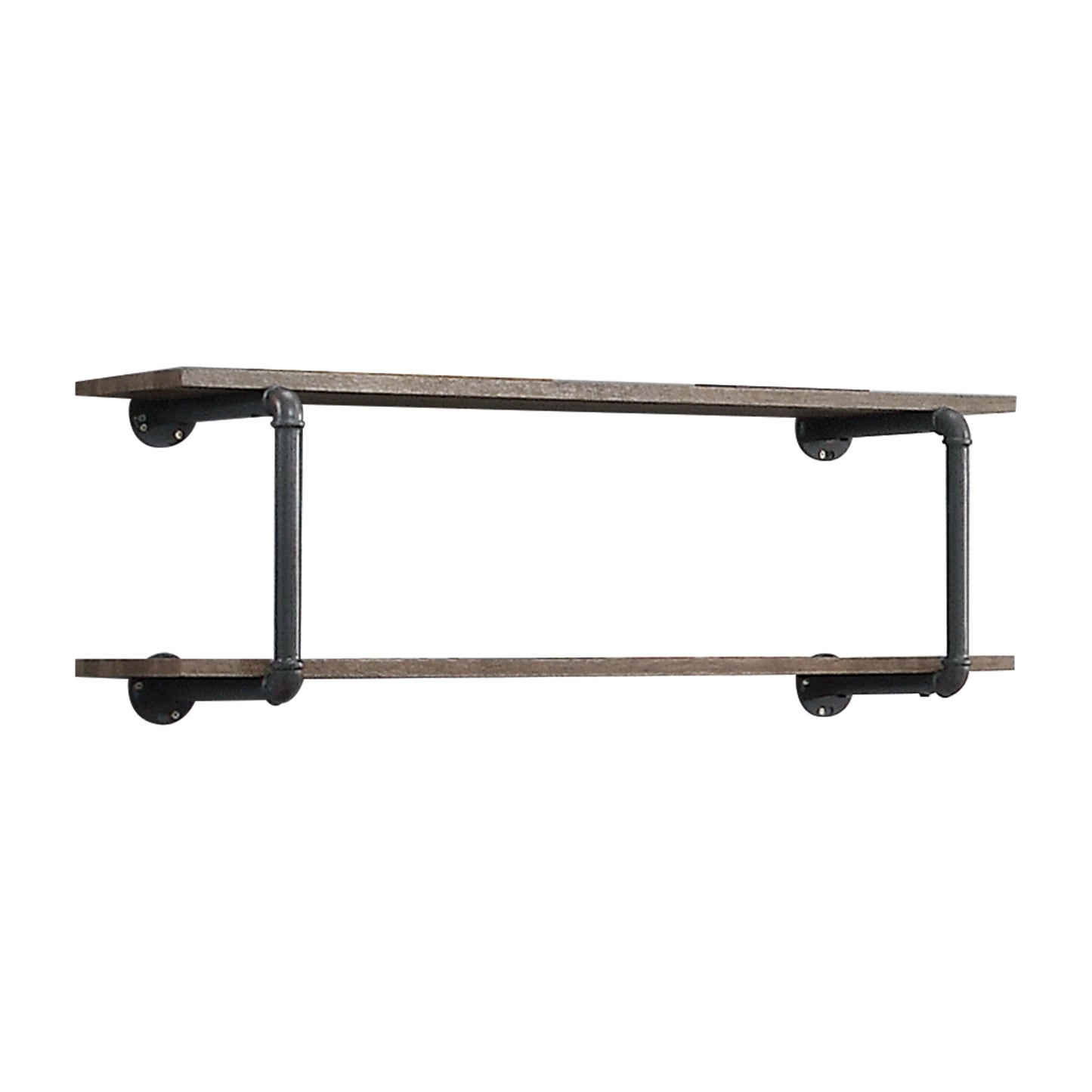 Rustic industrial pipe shelf with two distressed wood planks